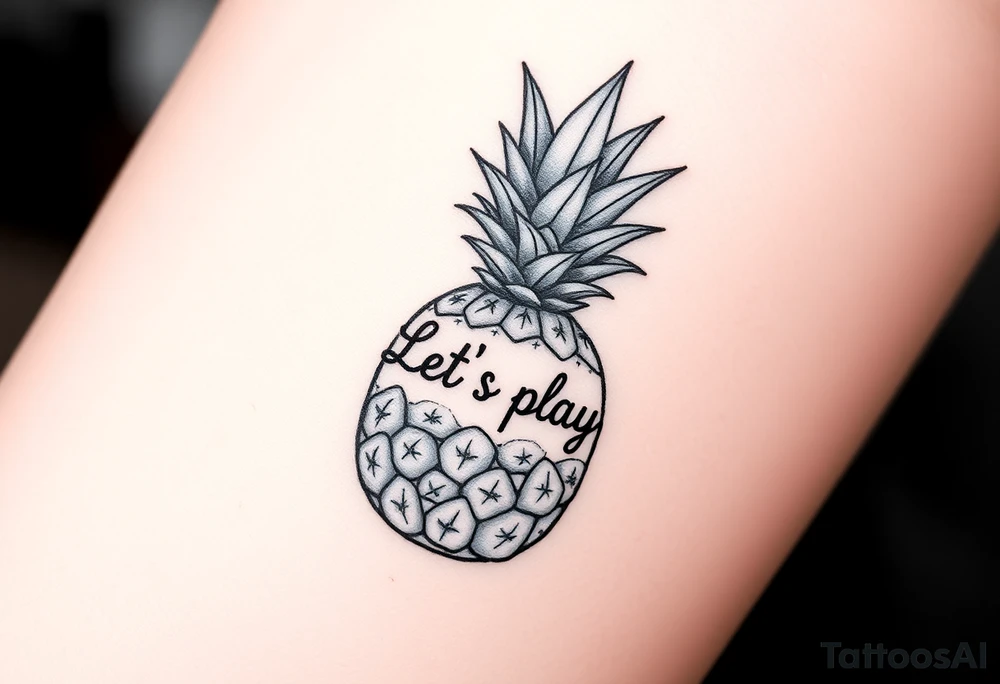 A black ink wrist tattoo featuring a realistic yet minimalistic pineapple. The pineapple is finely detailed with clean, precise lines, capturing the natural texture of the fruit while keeping the design subtle and uncluttered. Inside the body of the pineapple, the phrase "Let's play" is clearly placed in a bold but not overly thick font, ensuring readability while maintaining balance with the overall design. The leaves of the pineapple have a fine-line style with slight variations in thickness for a natural feel. The tattoo blends fine details with subtle bold elements, creating a clean and modern aesthetic. tattoo idea