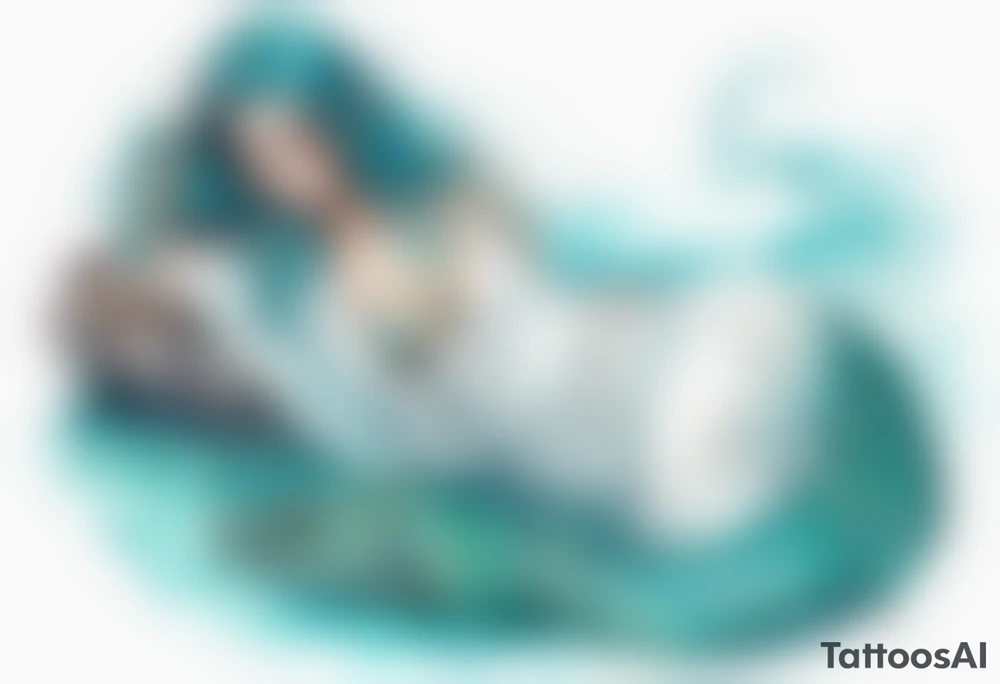 A beautiful undine with turquois scales wearing a white robe, laying on the shore tattoo idea