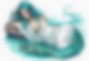 A beautiful undine with turquois scales wearing a white robe, laying on the shore tattoo idea