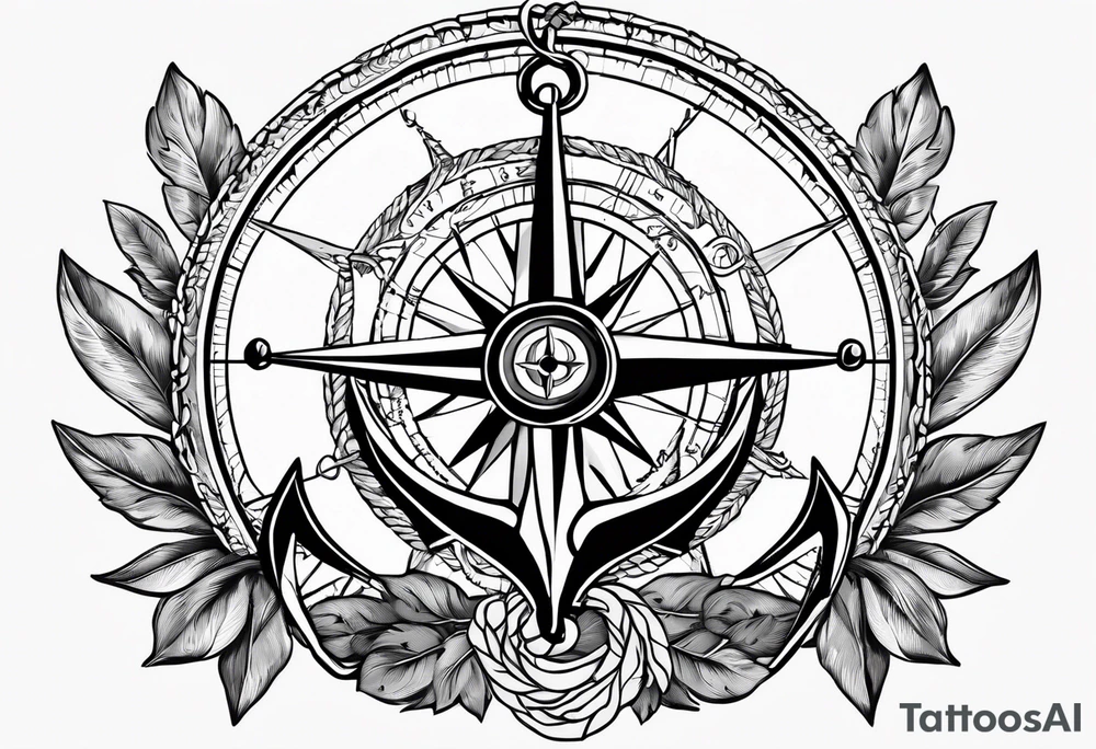 A selucid style anchor in front of a compass with north south east west marked on it and a narrow laurel wreathe wrapped around the compass tattoo idea