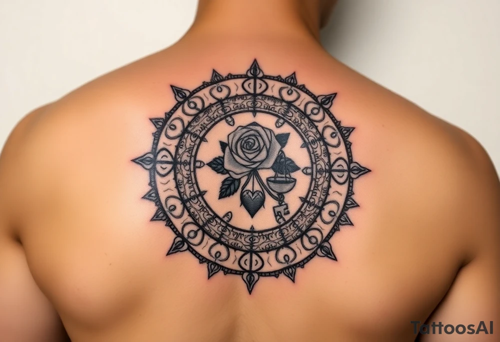 1. The Story Mandala
	•	A circular mandala design spreading across the shoulder.
	•	Each ring or quadrant holds a symbol of you:
	•	Geisha (Japan + your back tattoo tie-in).
	•	Rose (favorite flower, vibration/energy).
	•	Scales with a heart + key (finance, love, duality).
	•	World map silhouette (travel and global perspective).
 
On the shoulder tattoo idea