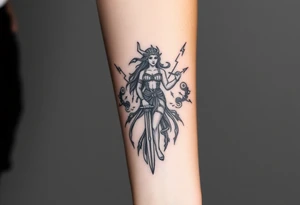 Greek goddess warrior with long dagger and realistic lighting bolts going around body Greek mythology style with dark shading and designs all around tattoo idea