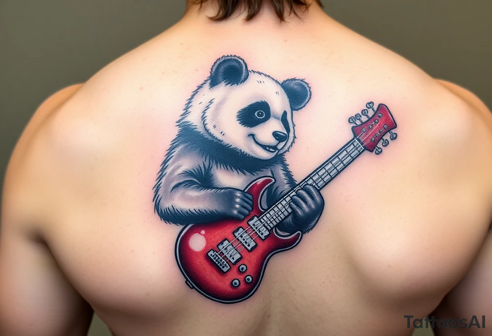 Wrestling panda holding a broken bass guitar and the word creeper tattoo idea