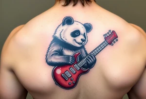 Wrestling panda holding a broken bass guitar and the word creeper tattoo idea