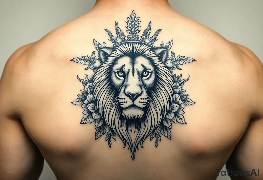 powerful majestic lion with a crown, surrounded by floral ornaments and birds tattoo idea