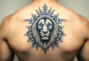 powerful majestic lion with a crown, surrounded by floral ornaments and birds tattoo idea
