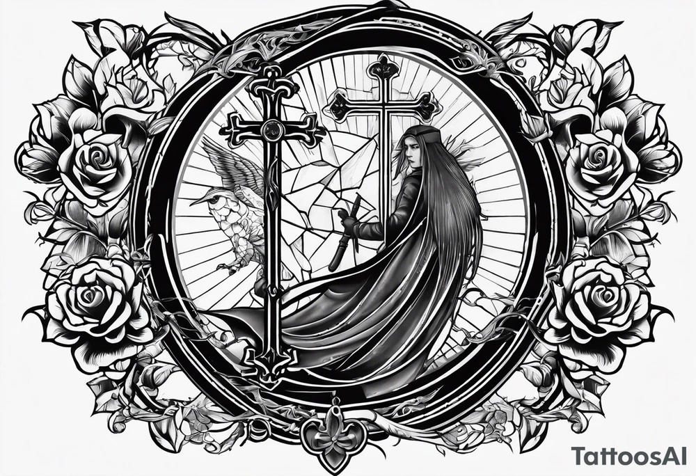 An aesthetic tattoo that is placed on the upper back of a male. It should represent catholic religion, discipline, pain and the love to animals. tattoo idea