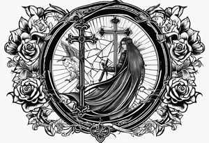 An aesthetic tattoo that is placed on the upper back of a male. It should represent catholic religion, discipline, pain and the love to animals. tattoo idea
