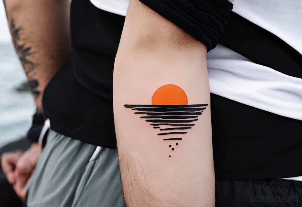 This is an extremely simple and minimalistic tattoo on male forearm. It is black and white with minuscule splashes of orange from the sun. The tattoo 4 inches wide by 2 inches tall. From the perspective of being on the ocean, Water is calm, with no waves in sight, the sun is setting behind the ocean, reflecting light onto the water. The water has shading. tattoo idea