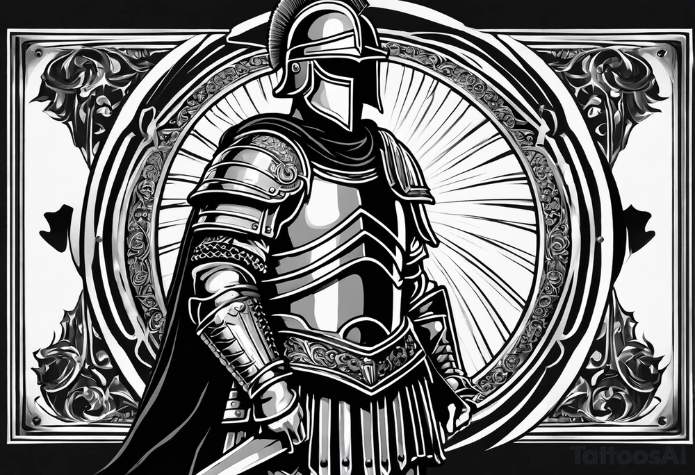 a black and white illustration of a roman soldier from AD 60, wearing armor which must include an armoured belt, breastplate, armoured shoes, shield, helmet and sword.
the soldier must look strong. the soldier is faceless. The image must include the full person, not just the top half tattoo idea