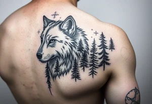 create a right hand sidearm powerful majestic tattoo having wolf and pin trees tattoo idea