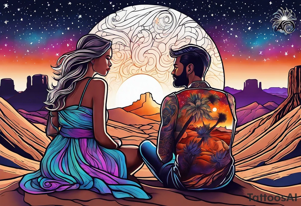 Outline of woman and man sitting in Arizona desert looking at the galaxy tattoo idea