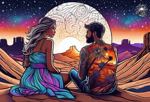 Outline of woman and man sitting in Arizona desert looking at the galaxy tattoo idea