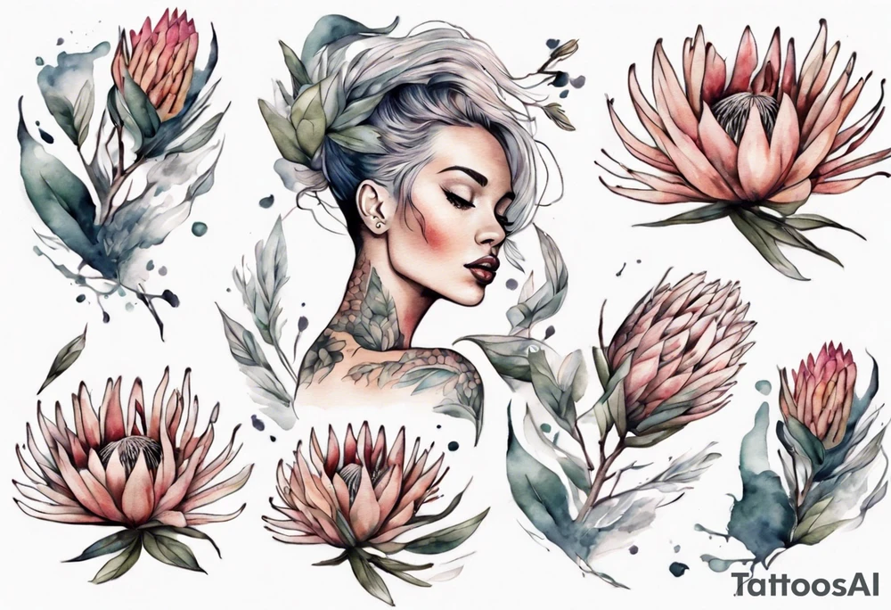 Very feminine tattoo with a woman dancing in a wind of protea flowers tattoo idea