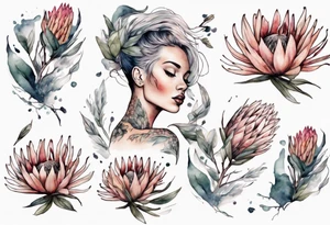 Very feminine tattoo with a woman dancing in a wind of protea flowers tattoo idea
