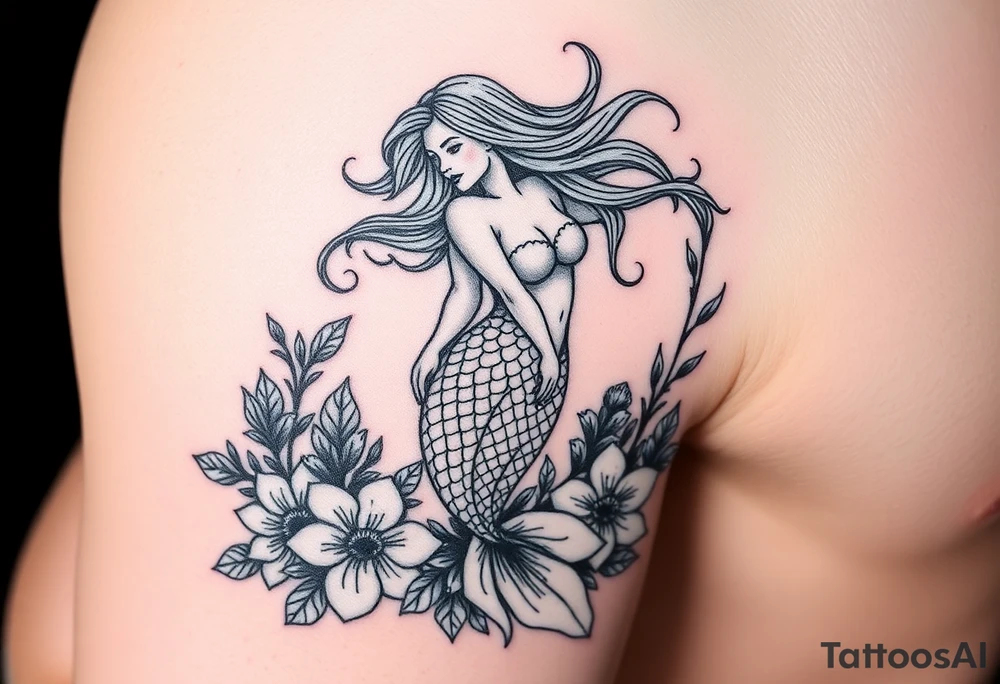 ethereal mermaid with flowing hair among coral and sea flowers tattoo idea