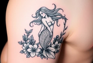 ethereal mermaid with flowing hair among coral and sea flowers tattoo idea