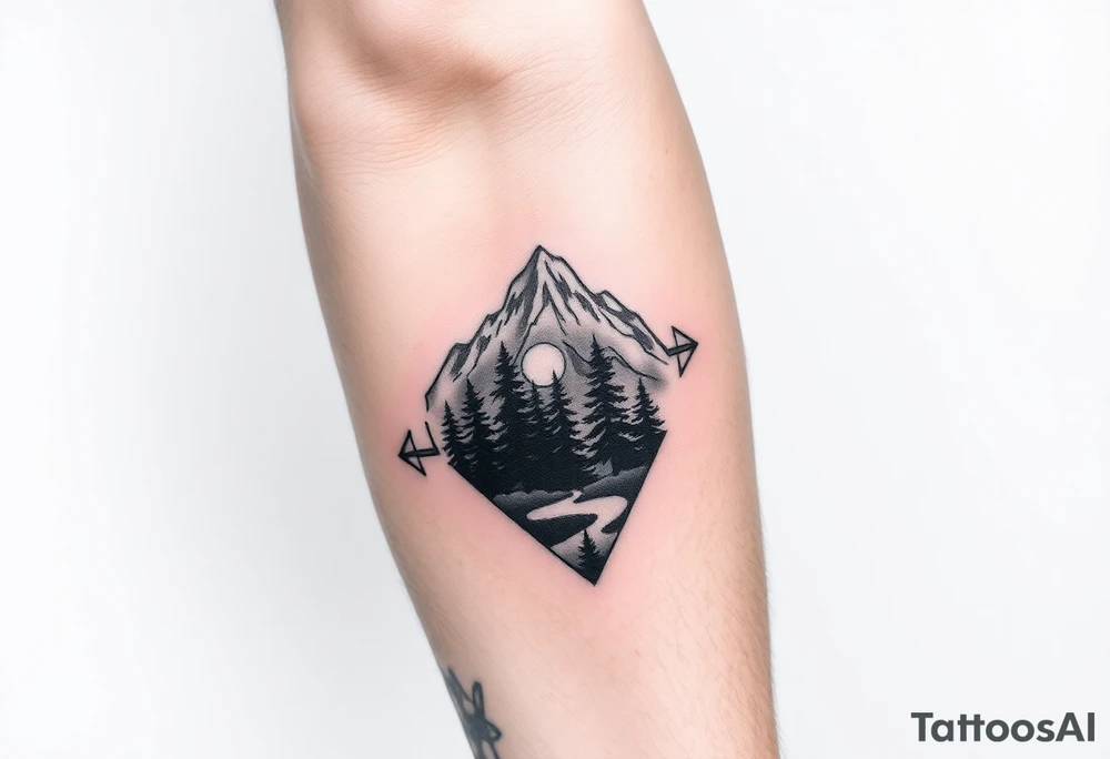 Pikes peak landscape with trees and moon in an arrowhead tattoo idea