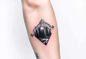 Pikes peak landscape with trees and moon in an arrowhead tattoo idea