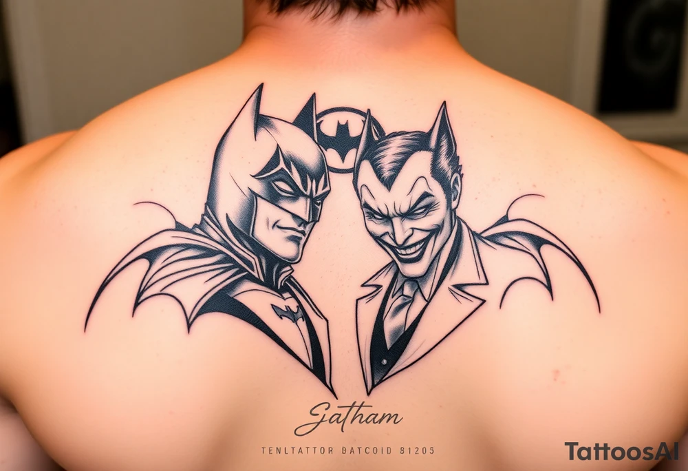 Batman and joker in Gotham with bat signal top center tattoo idea