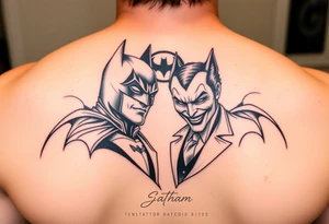 Batman and joker in Gotham with bat signal top center tattoo idea