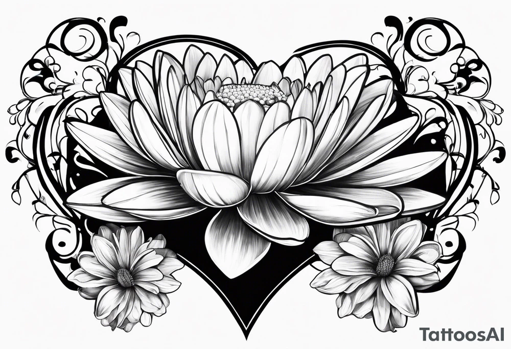 Daisy and water lily heart tattoo idea
