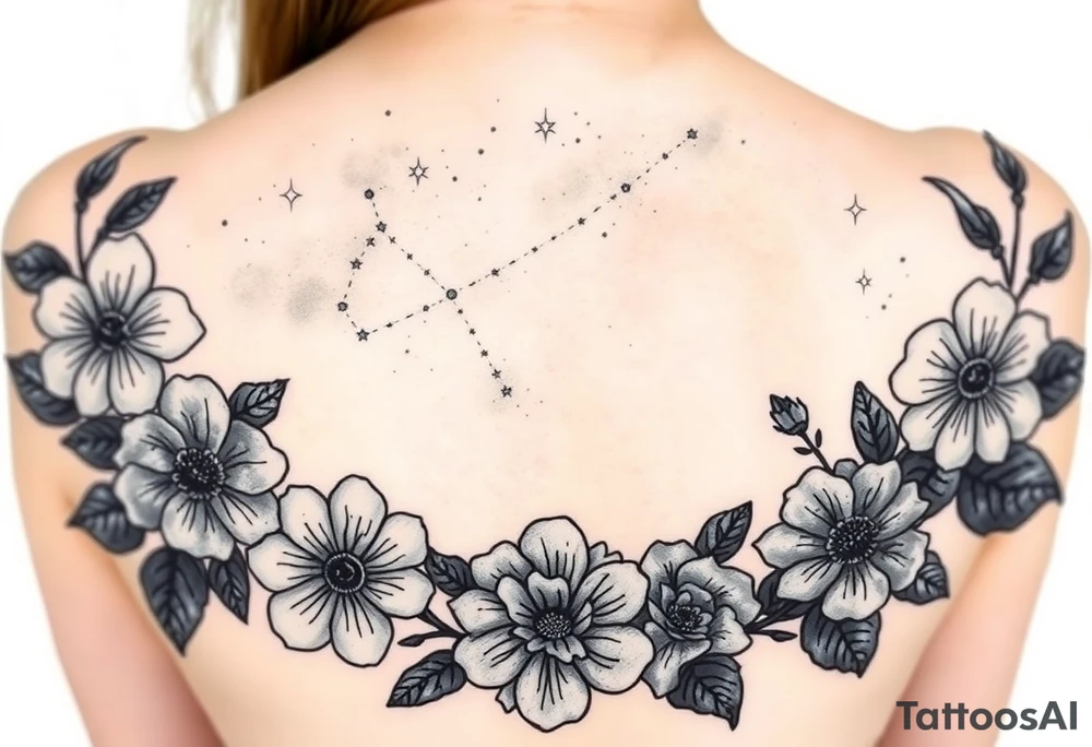 Night sky with constellation, stars & moon seen from a frame of flowers tattoo idea