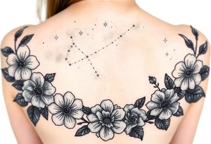 Night sky with constellation, stars  & moon seen from a frame of flowers tattoo idea
