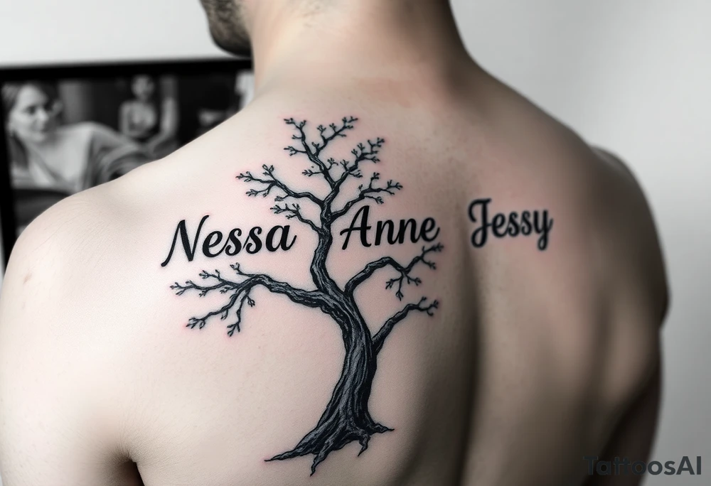 the name Nessa, Anne, Jessy
 on a live tree tattoo idea