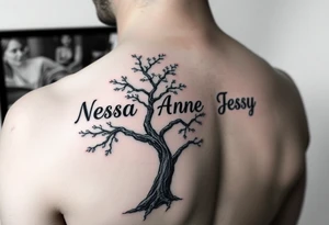 the name Nessa, Anne, Jessy
 on a live tree tattoo idea