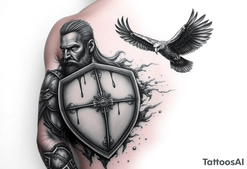 a warrior with a shield with blood dripping & a vulture bird flying in the sky tattoo idea