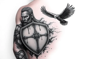 a warrior with a shield with blood dripping & a vulture bird flying in the sky tattoo idea