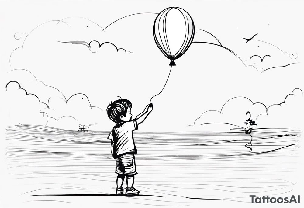 tatoo in sketch style only.
A little boy is holding a string to the hearth shaped small party baloon.
boy should be drawed from behind and has one hand reaching up in 45 degree angle and holding the baloon string
On the string is a big wave look like a hearbeat pulse.
draw only boy and string and baloon wothout any scenery tattoo idea