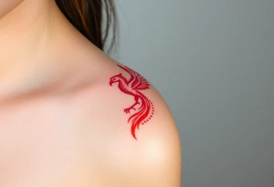 Square, phoenix rising from fire with both wings opened, colors red, pink, orange and purple. tattoo idea