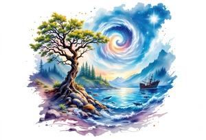 tattoo that has an acacia tree with forest mountains, ocean with a ship wreck with sharks and the bright northern star tattoo idea