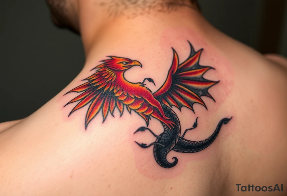 A phoenix and a dragon intertwined, one side fiery red and gold (good) and the other dark with shades of black and silver (evil), symbolizing transformation and balance tattoo idea