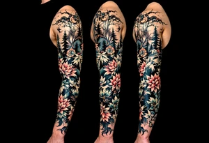 evergreen forest with sakura trees and wolf tattoo idea