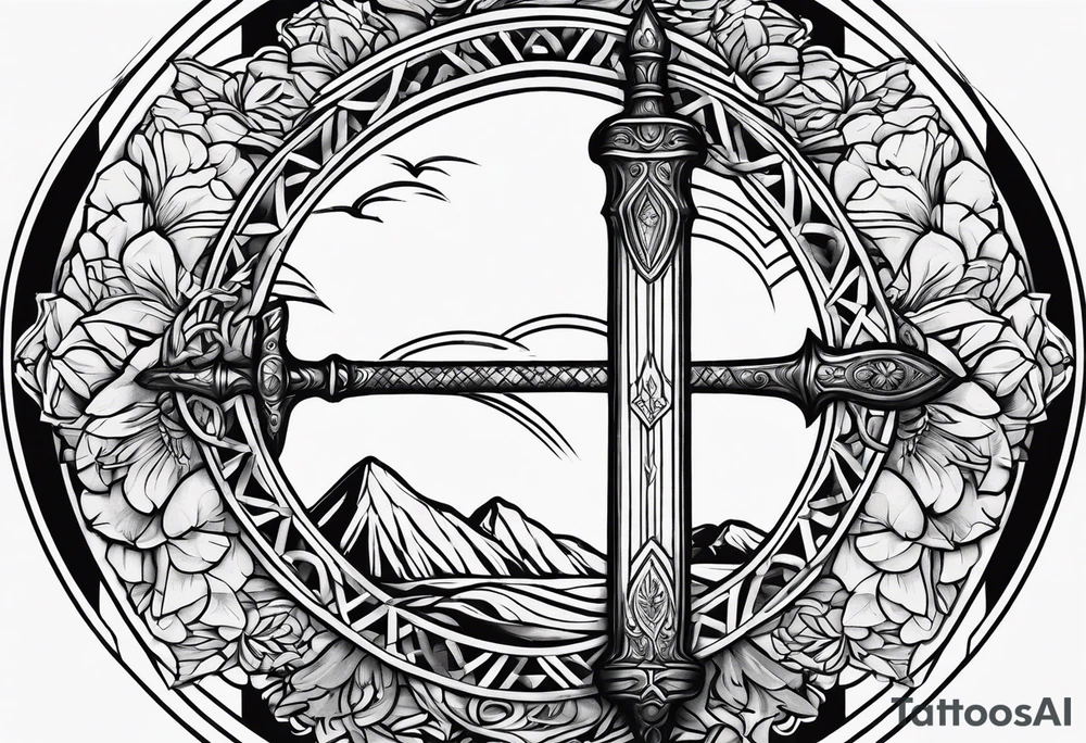 crossing sword with nature background tattoo idea