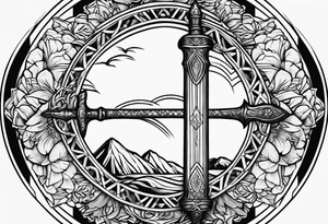 crossing sword with nature background tattoo idea