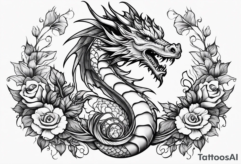 Fantasy dragon on forearm with vines and flowers tattoo idea