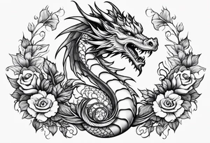 Fantasy dragon on forearm with vines and flowers tattoo idea