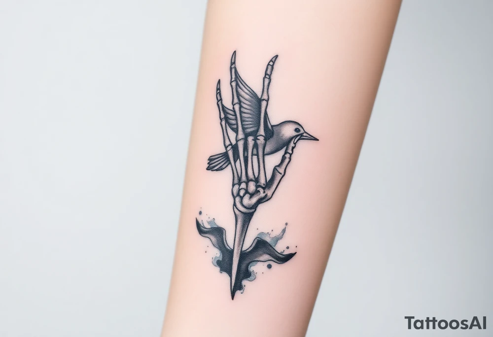 Skeleton hand reaching out of the ocean for a swallow tattoo idea