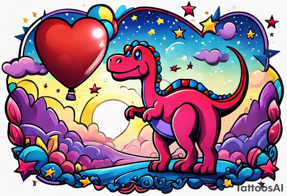 blue, red, pink, yellow, purple ballon on a starry sky lifting  heart a star and a plush dinosour tattoo idea