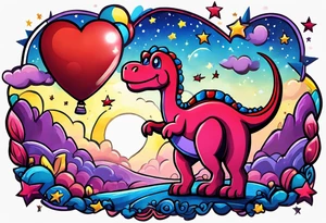 blue, red, pink, yellow, purple ballon on a starry sky lifting  heart a star and a plush dinosour tattoo idea