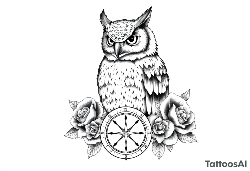 an owl,compass,roses, tattoo idea