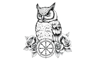 an owl,compass,roses, tattoo idea