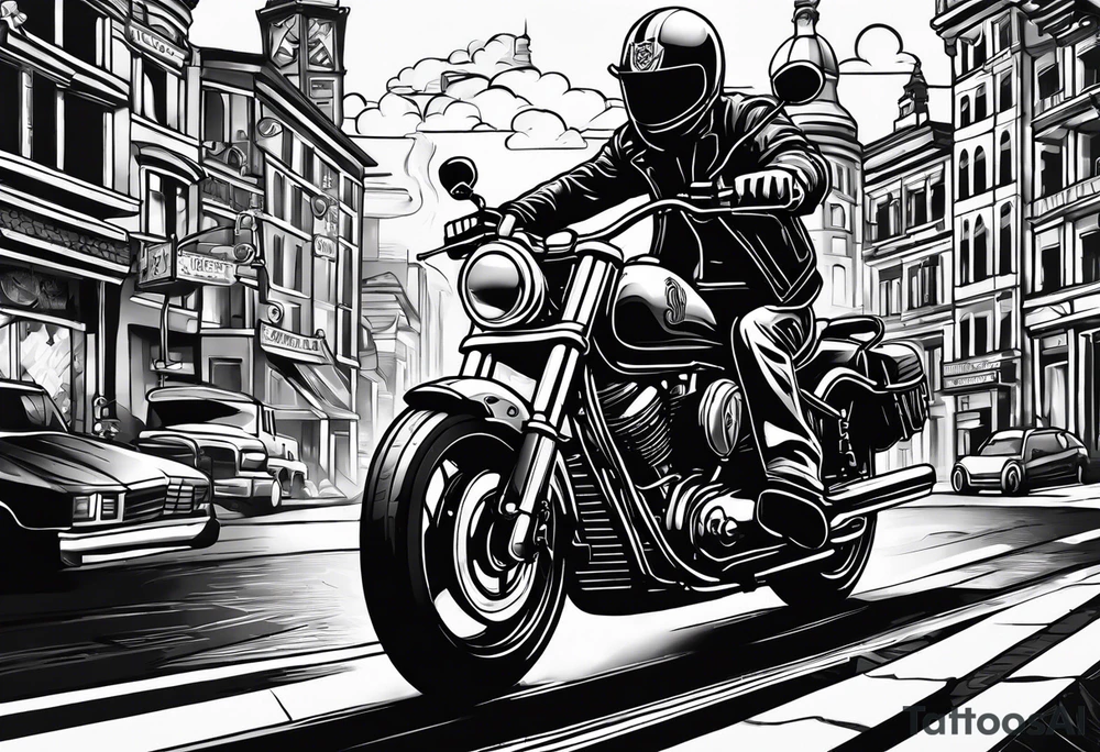 playing cards over a city with a motorcycle on the road tattoo idea