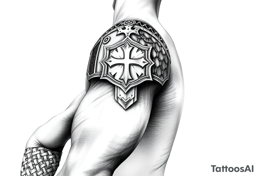 Chainmail armor from top of trapezius to below elbow with an intricate plate armor piece with a cross on shoulder tattoo idea