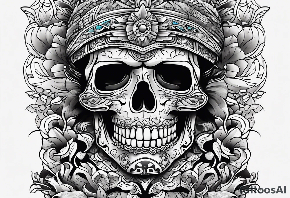 Mayan skull with mouth as cave with water coming out tattoo idea