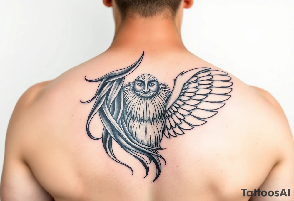 Male with long hair and beard flowing in the wing with smile on face tattoo idea